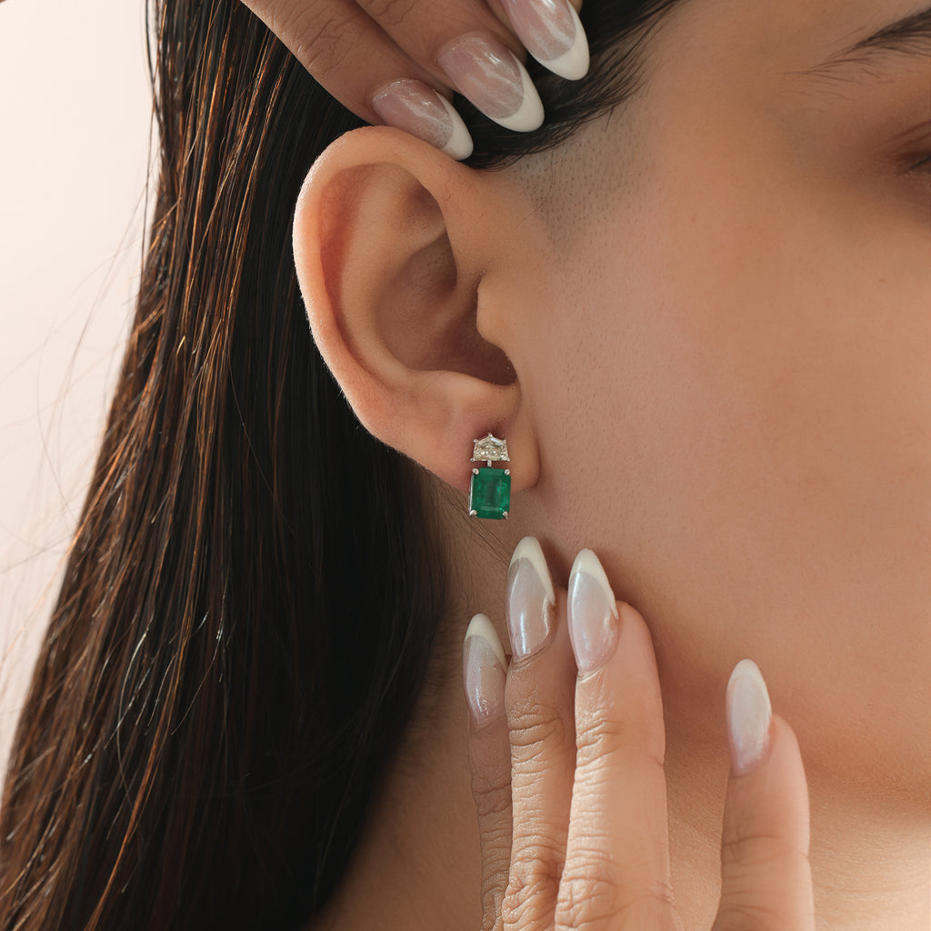 Octagon Cut Natural Emerald & Diamond Daily Wear Earrings