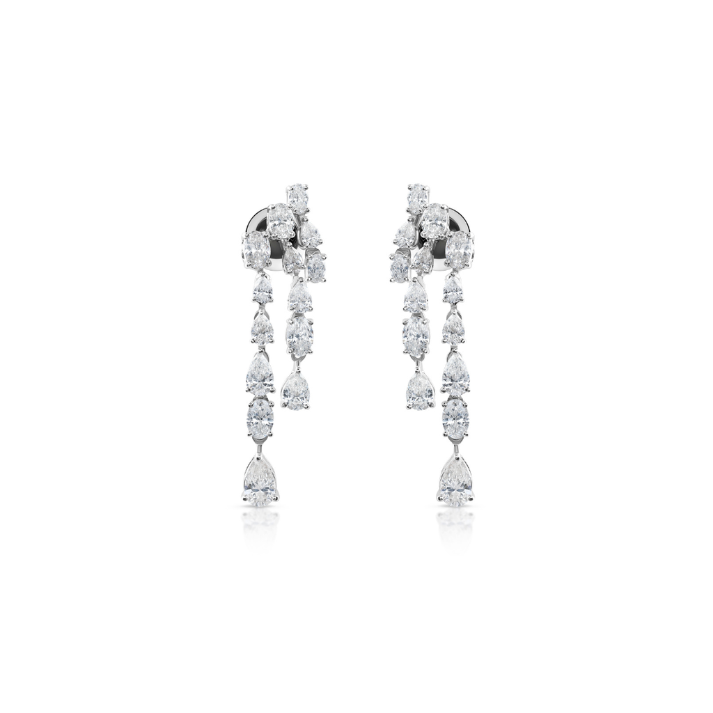 Pear Oval Cut Natural Diamond Cascade Drop Earrings in Fine Gold