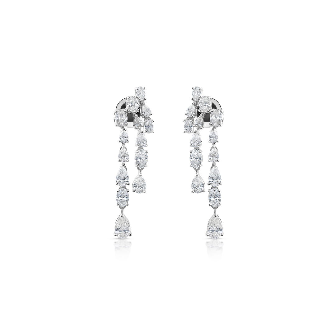 Pear Oval Cut Natural Diamond Cascade Drop Earrings in Fine Gold