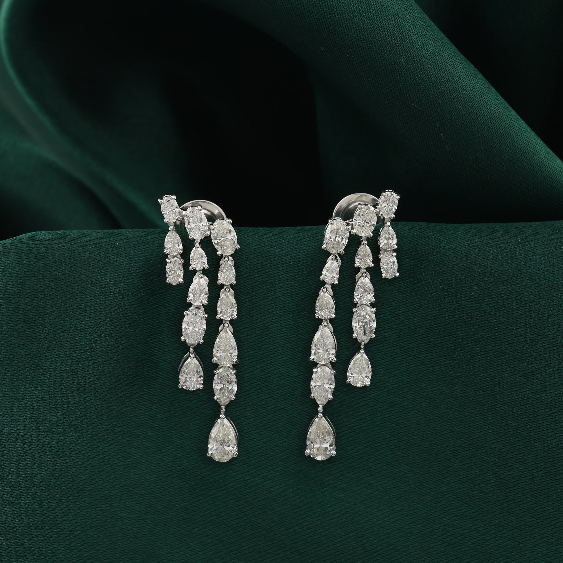 Pear Oval Cut Natural Diamond Cascade Drop Earrings in Fine Gold