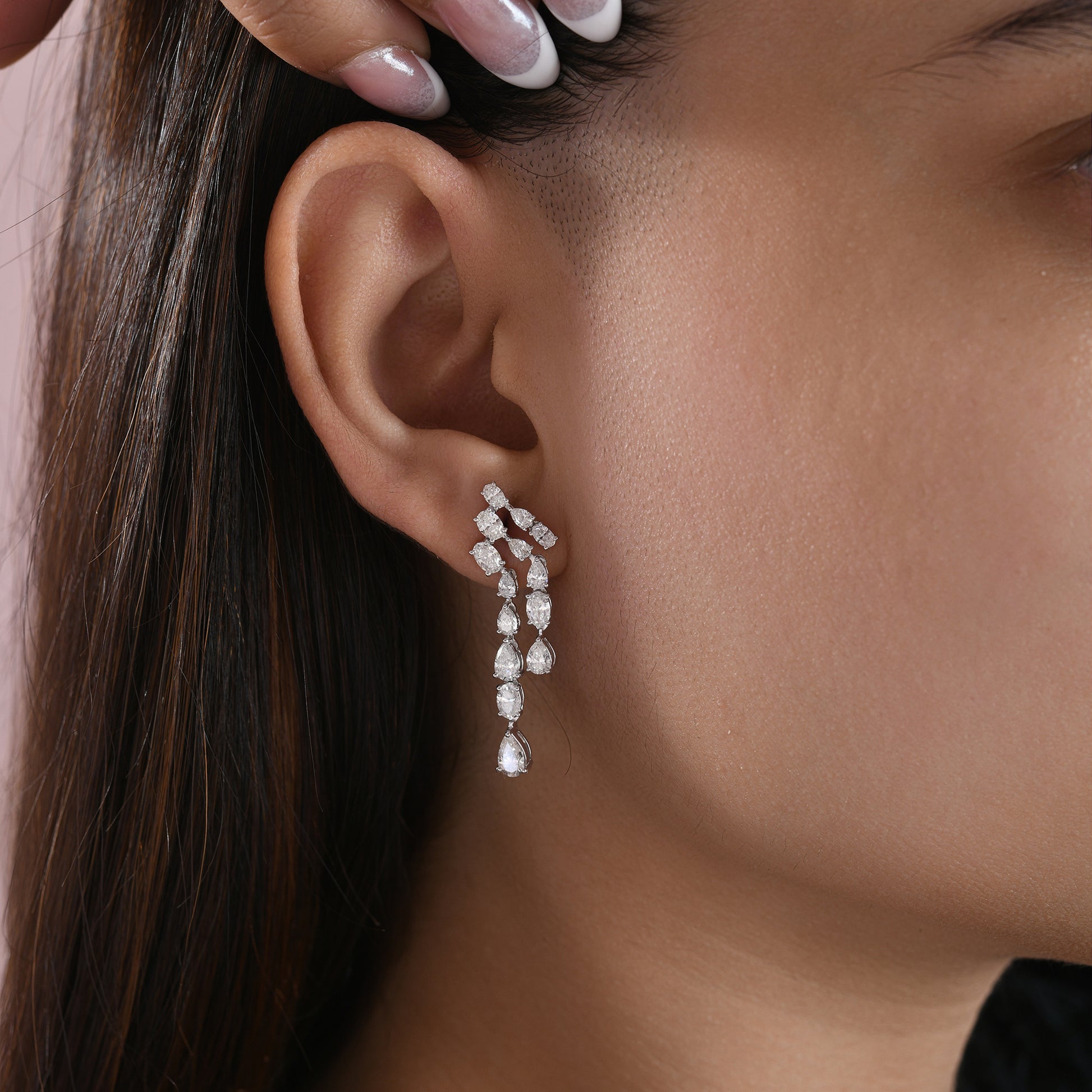 Pear Oval Cut Natural Diamond Cascade Drop Earrings in Fine Gold