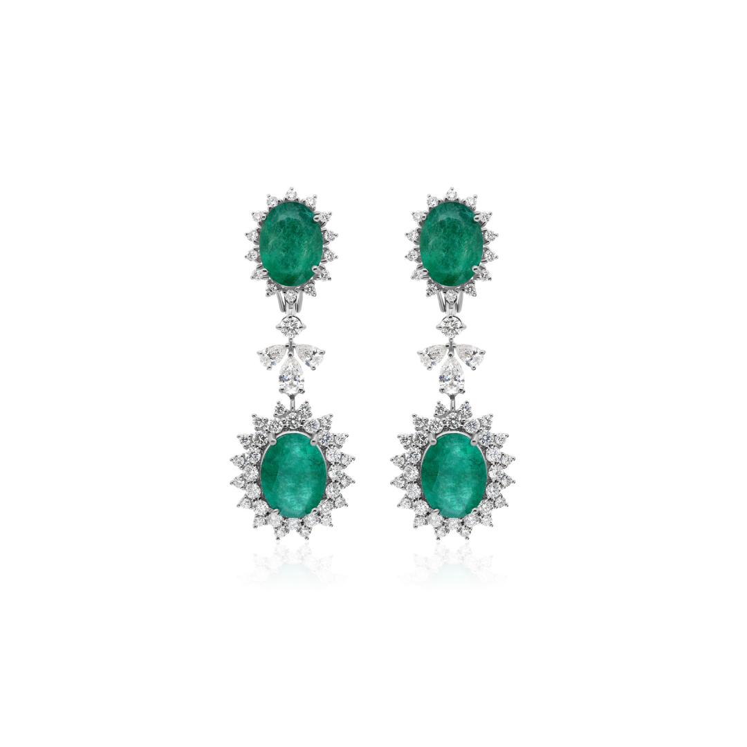 Zambian Oval Cut Emerald & Multi Cut Diamond Statement Drop Earrings
