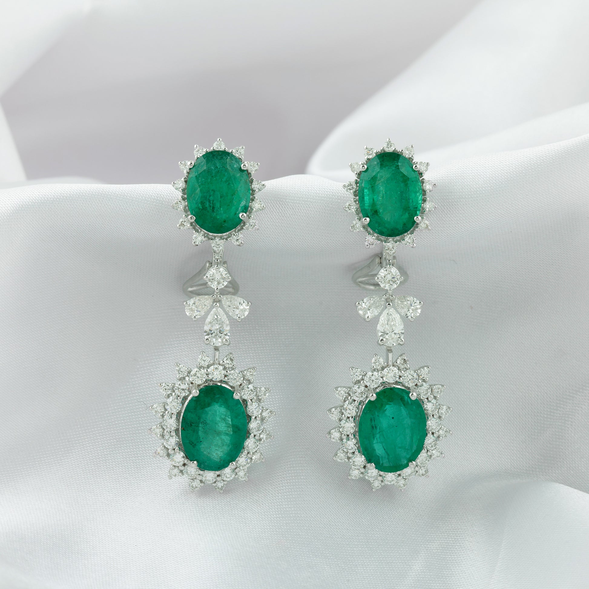 Zambian Oval Cut Emerald & Multi Cut Diamond Statement Drop Earrings