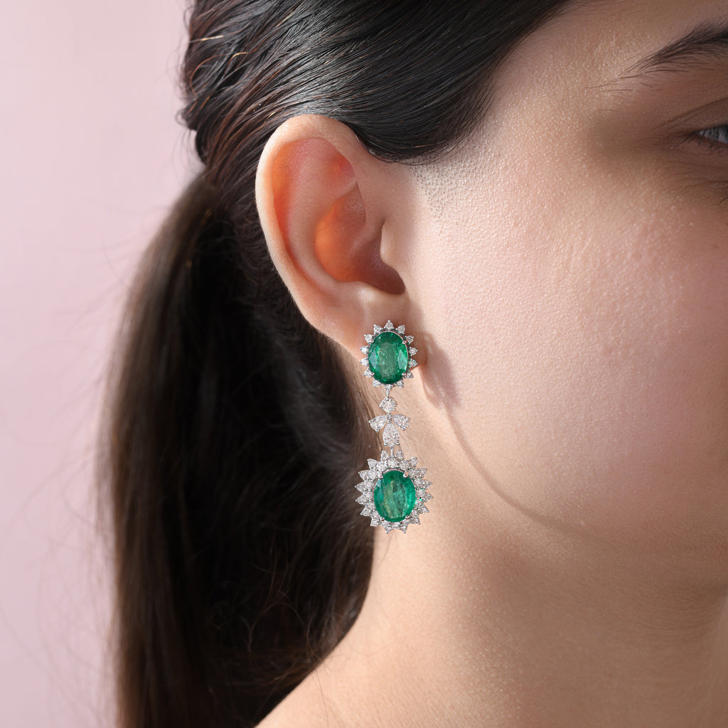 Zambian Oval Cut Emerald & Multi Cut Diamond Statement Drop Earrings