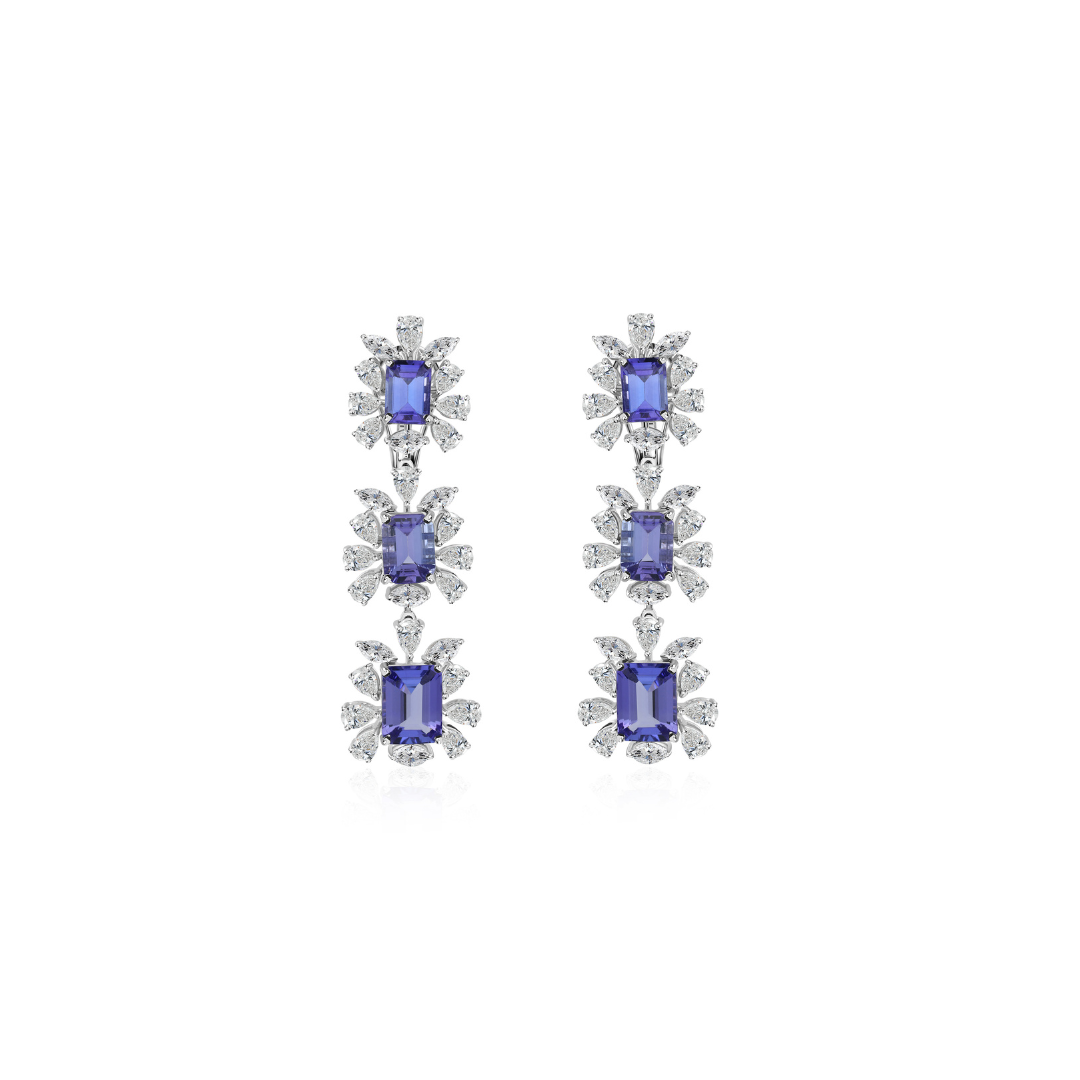 Handmade Natural Tanzanite Diamond Dangle Earrings in Fine Gold