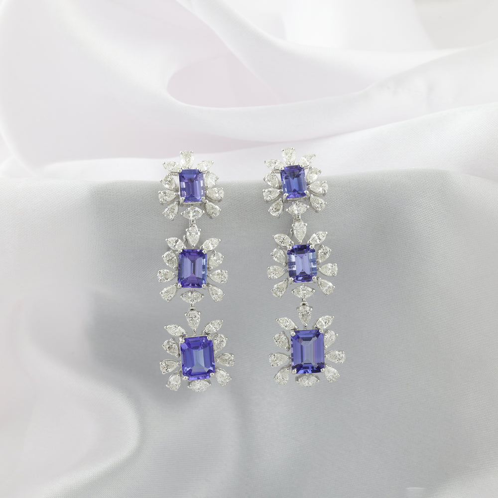 Handmade Natural Tanzanite Diamond Dangle Earrings in Fine Gold rare tanzanite and diamond dangle earrings in fine gold with elegant blue violet sparkle