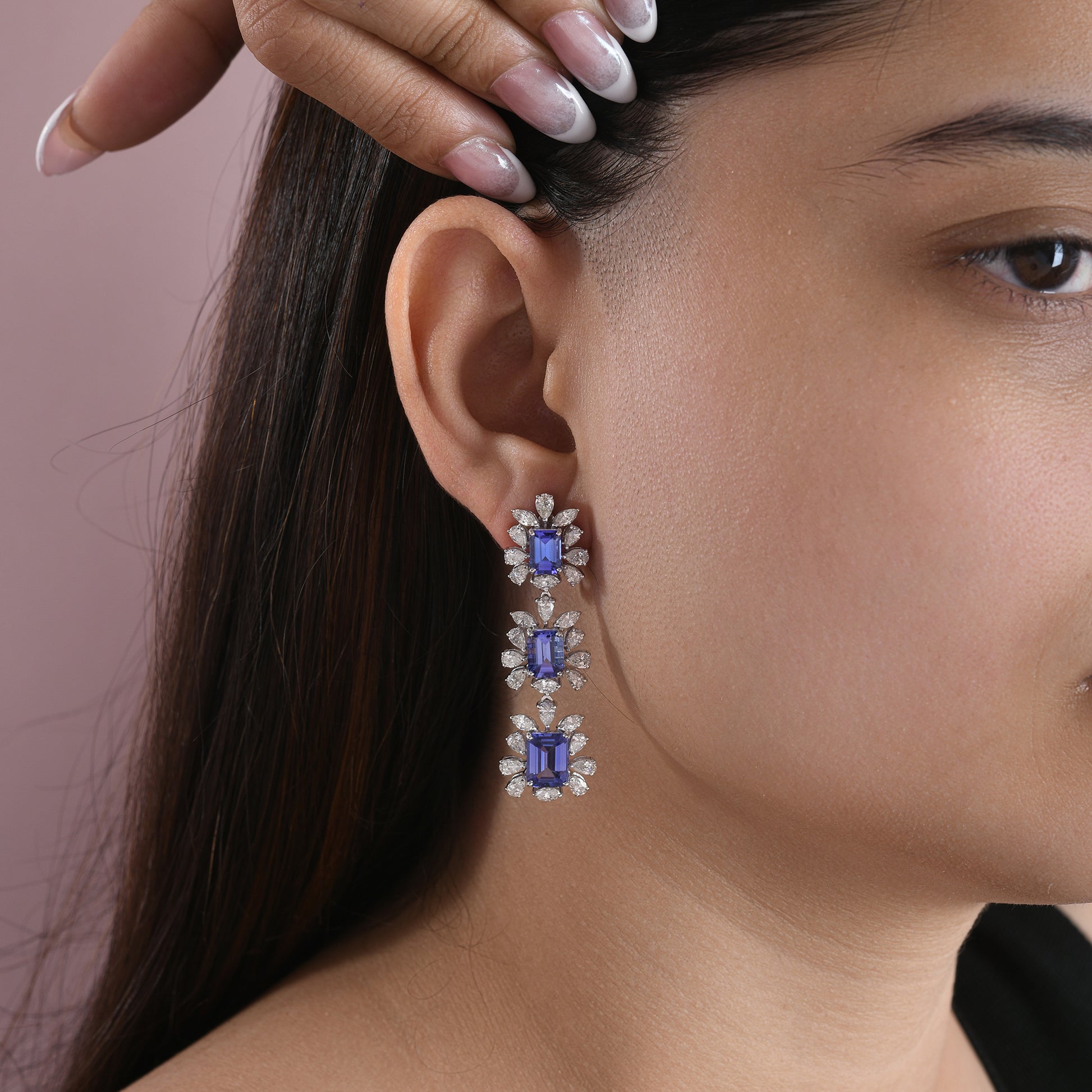 Handmade Natural Tanzanite Diamond Dangle Earrings in Fine Gold