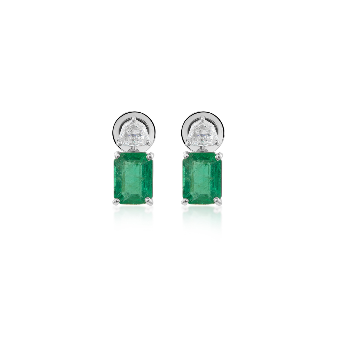 Genuine Natural Emerald and Diamond Two Stone Earrings in Solid Gold