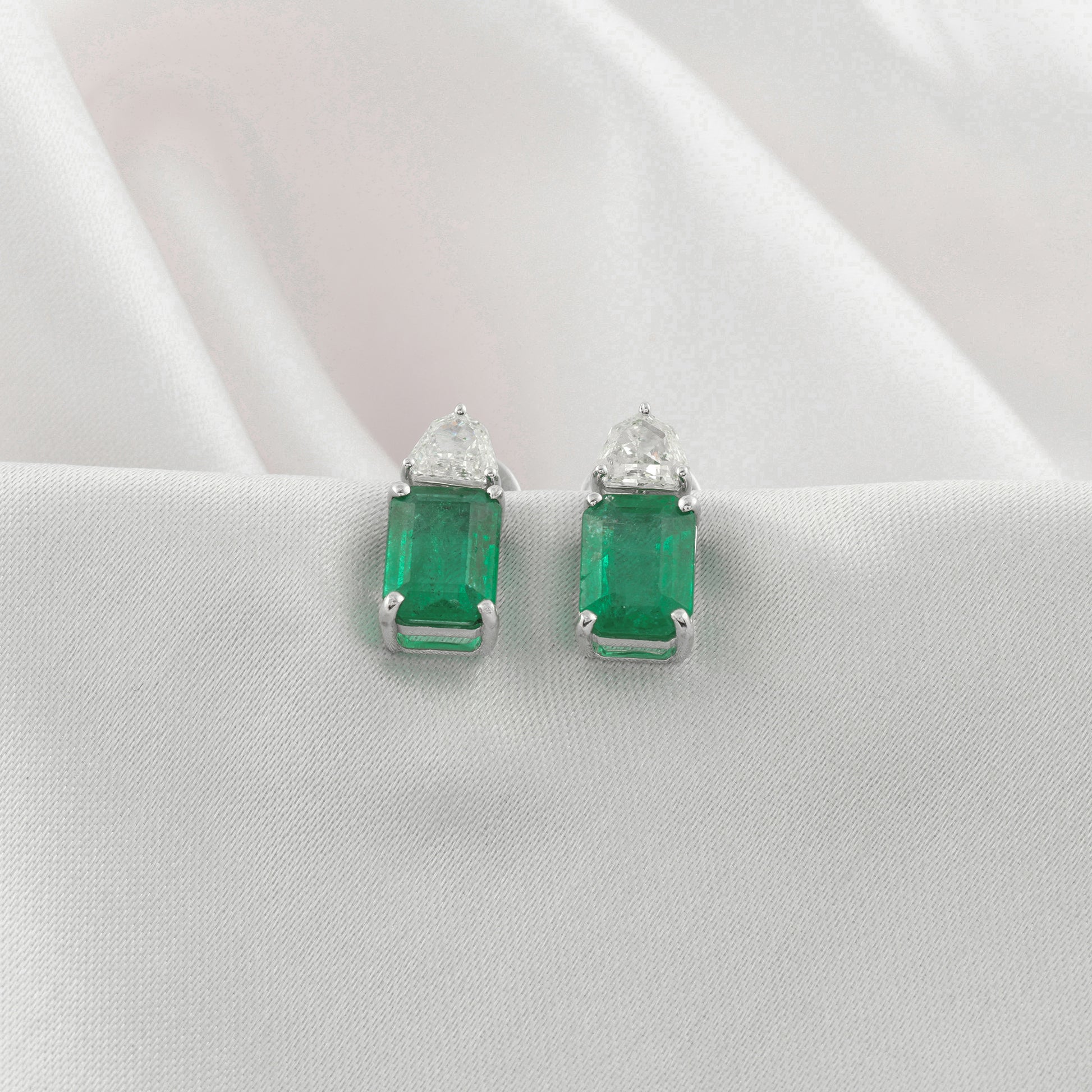 Genuine Natural Emerald and Diamond Two Stone Earrings in Solid Gold