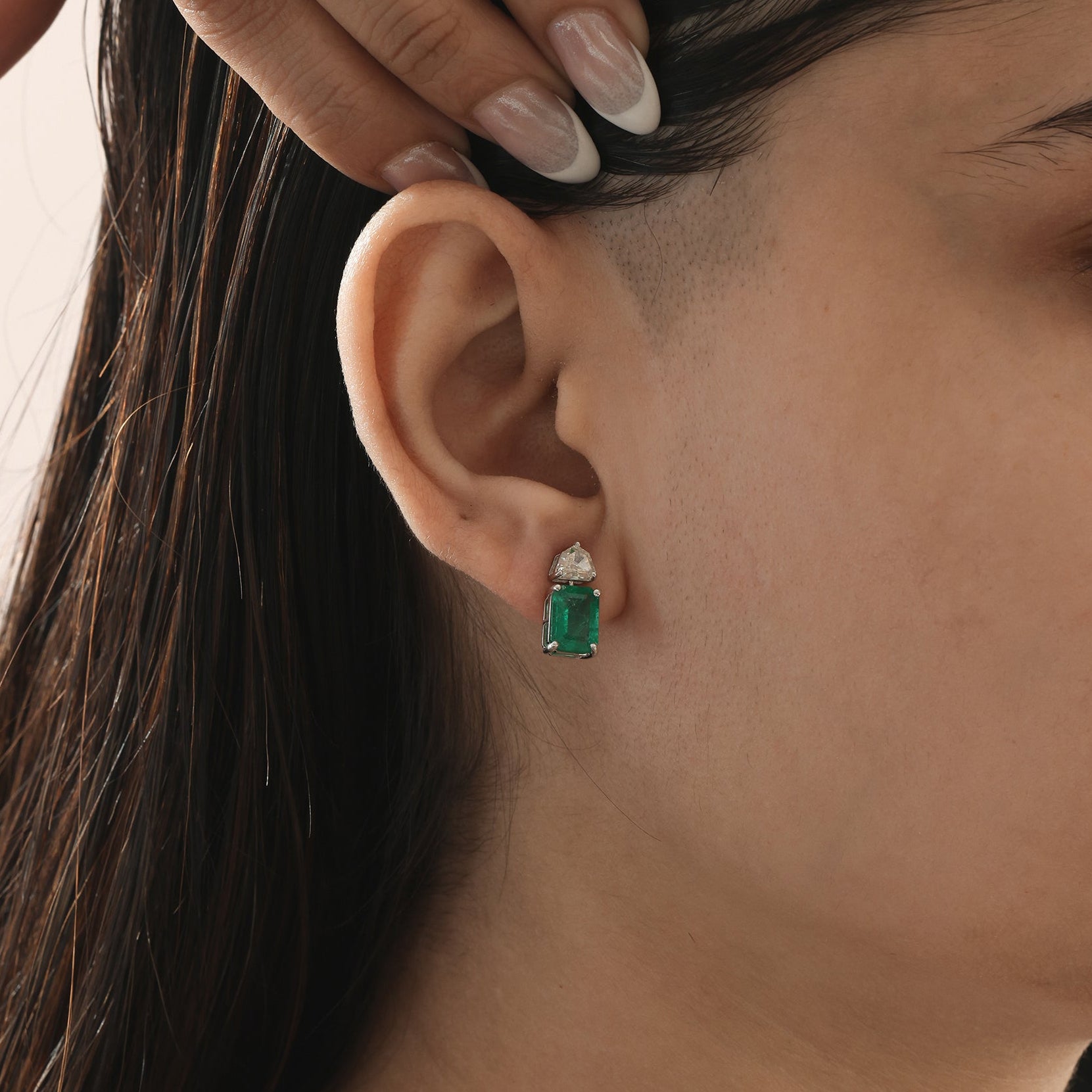 Genuine Natural Emerald and Diamond Two Stone Earrings in Solid Gold