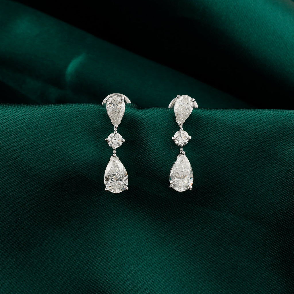 Handmade Round Pear Cut Natural Diamond Drop Earrings in Fine Gold