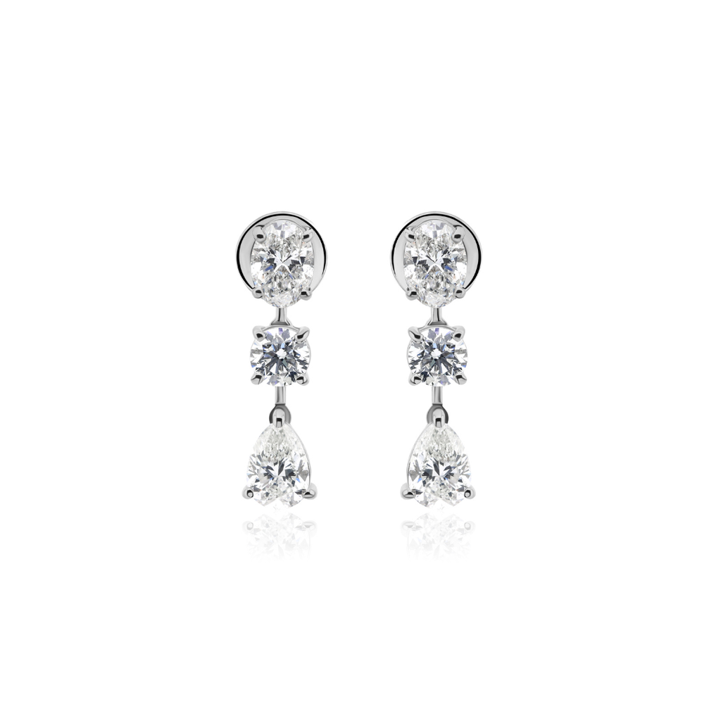 Classic Three Stone Natural Diamond Drop Earrings in Fine Gold