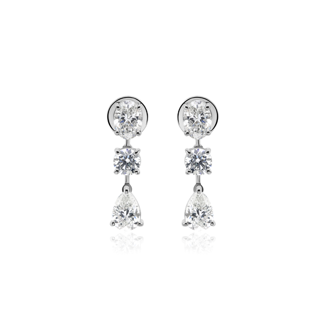 Classic Three Stone Natural Diamond Drop Earrings in Fine Gold