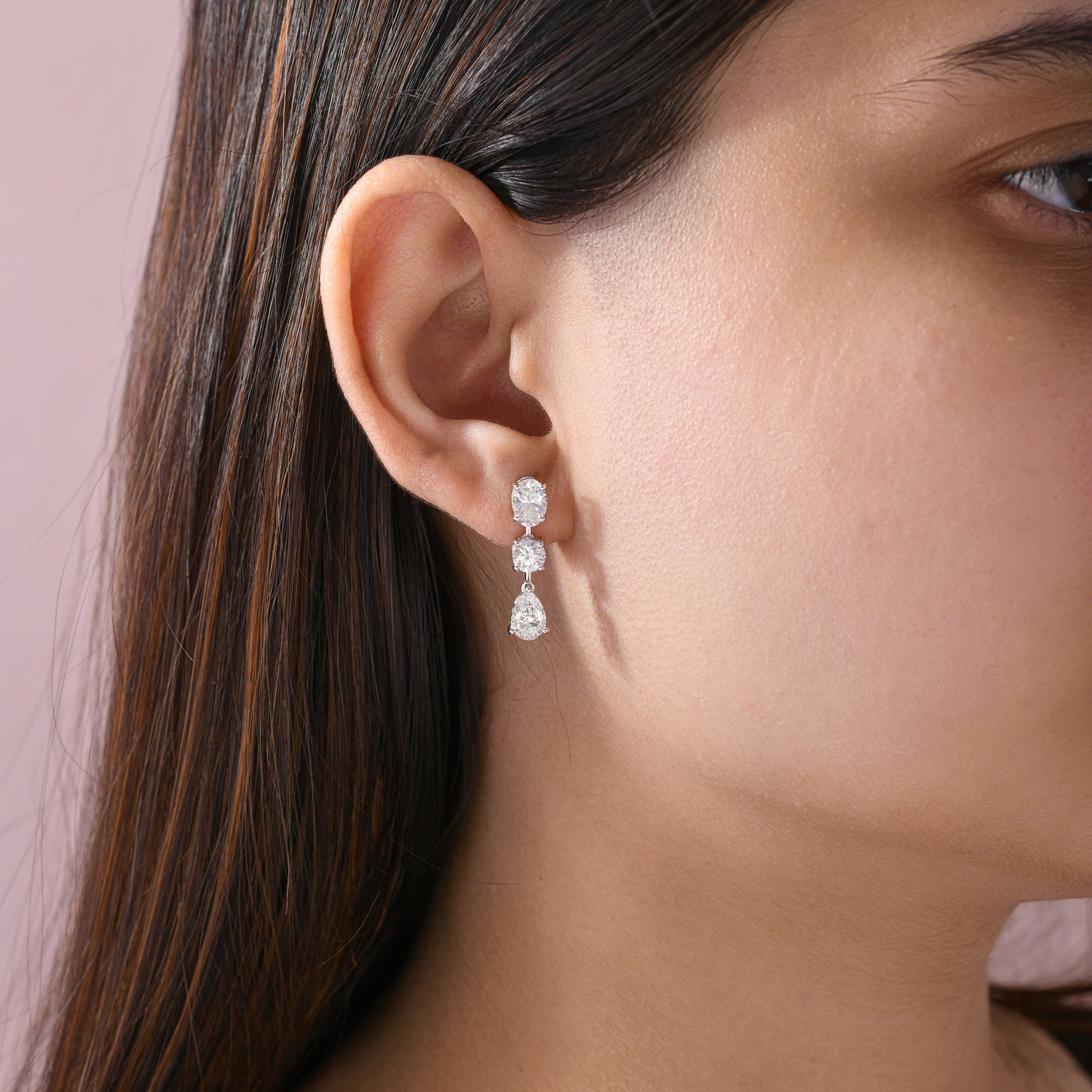 Classic Three Stone Natural Diamond Drop Earrings in Fine Gold