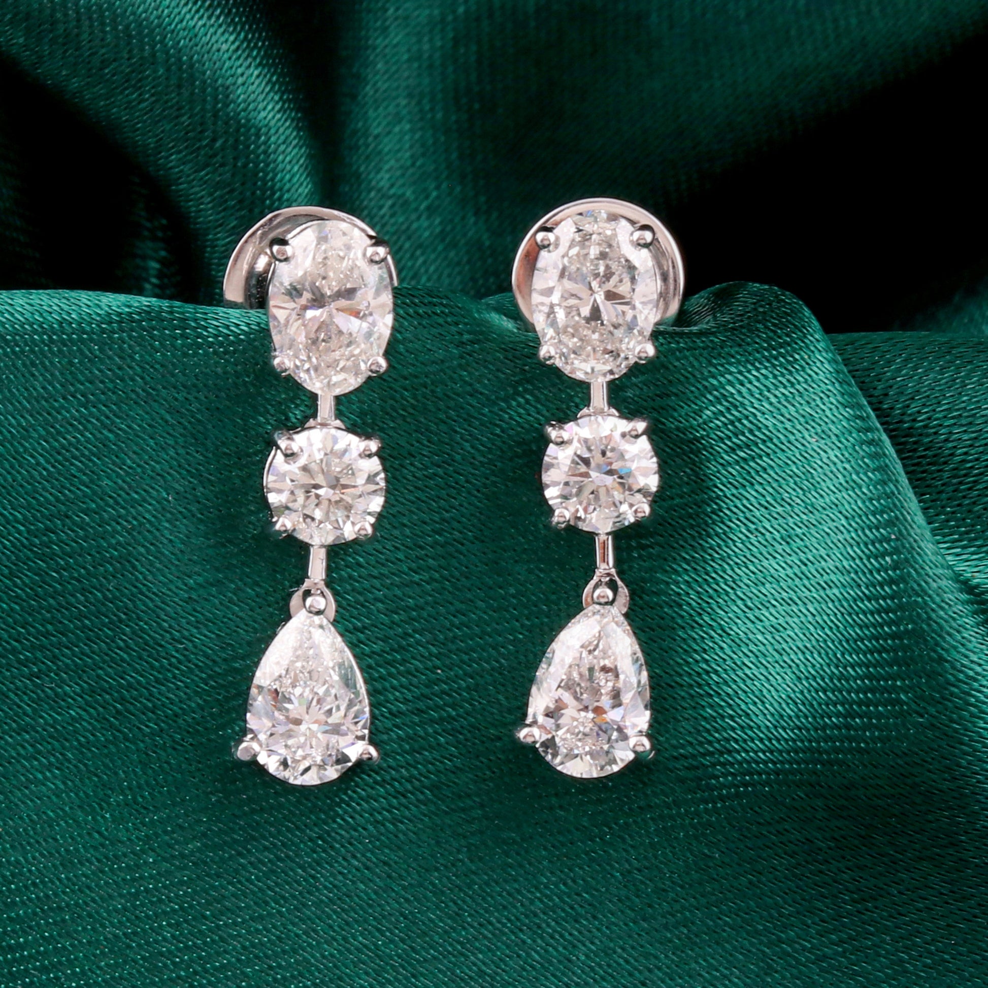 Classic Three Stone Natural Diamond Drop Earrings in Fine Gold