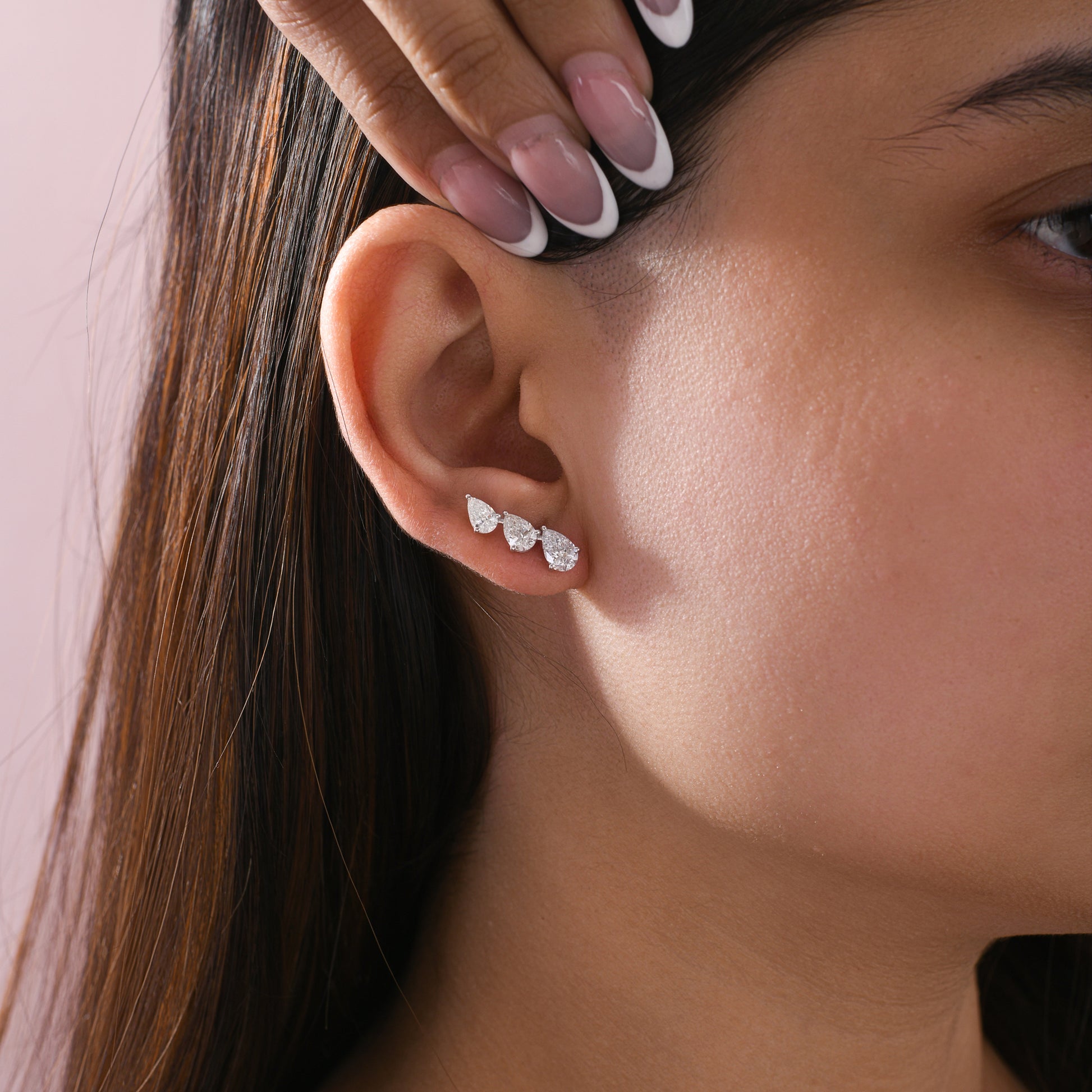 Handmade Three Pear Diamond Stud Earrings in Fine Gold