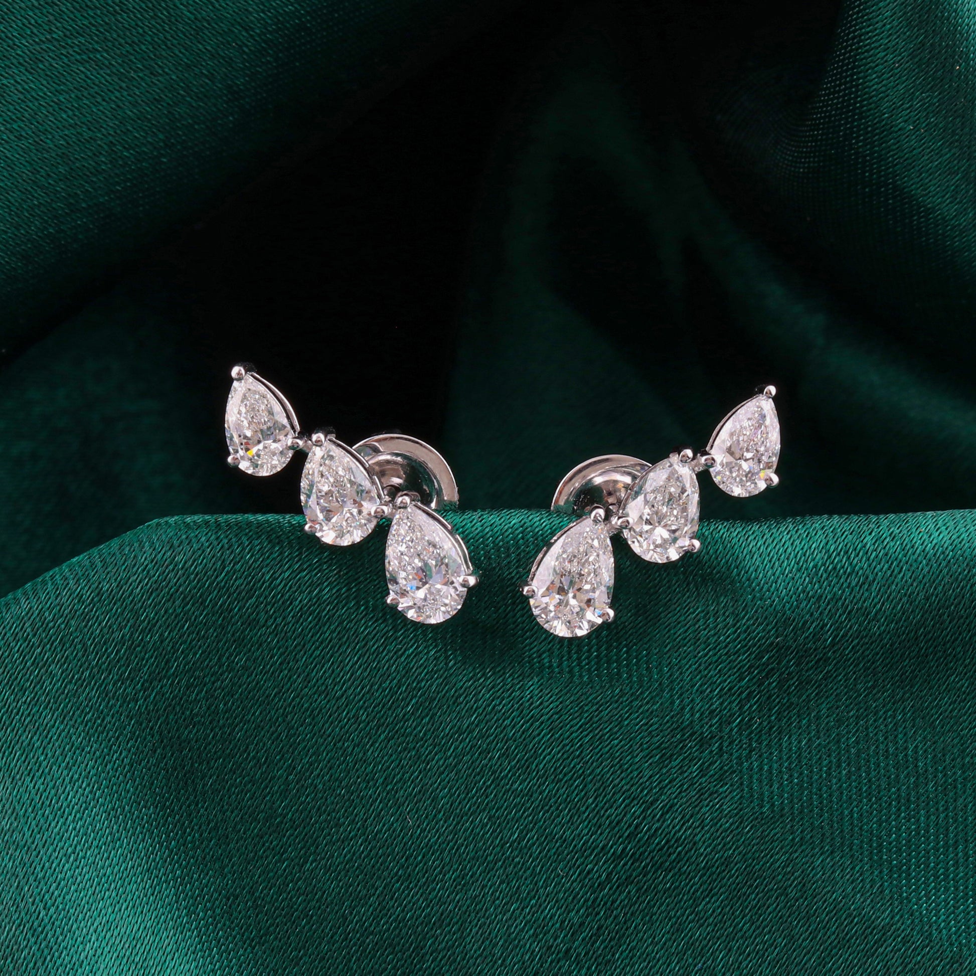 Handmade Three Pear Diamond Stud Earrings in Fine Gold
