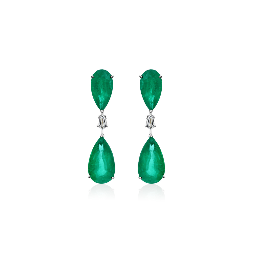 Exclusive Natural Zambian Emerald & Diamond Long Drop Earrings in Fine Gold