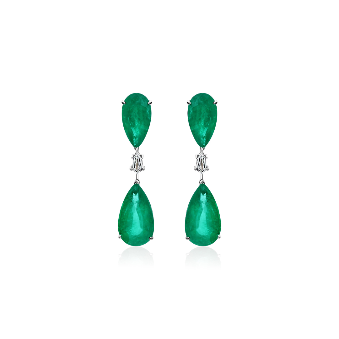 Exclusive Natural Zambian Emerald & Diamond Long Drop Earrings in Fine Gold