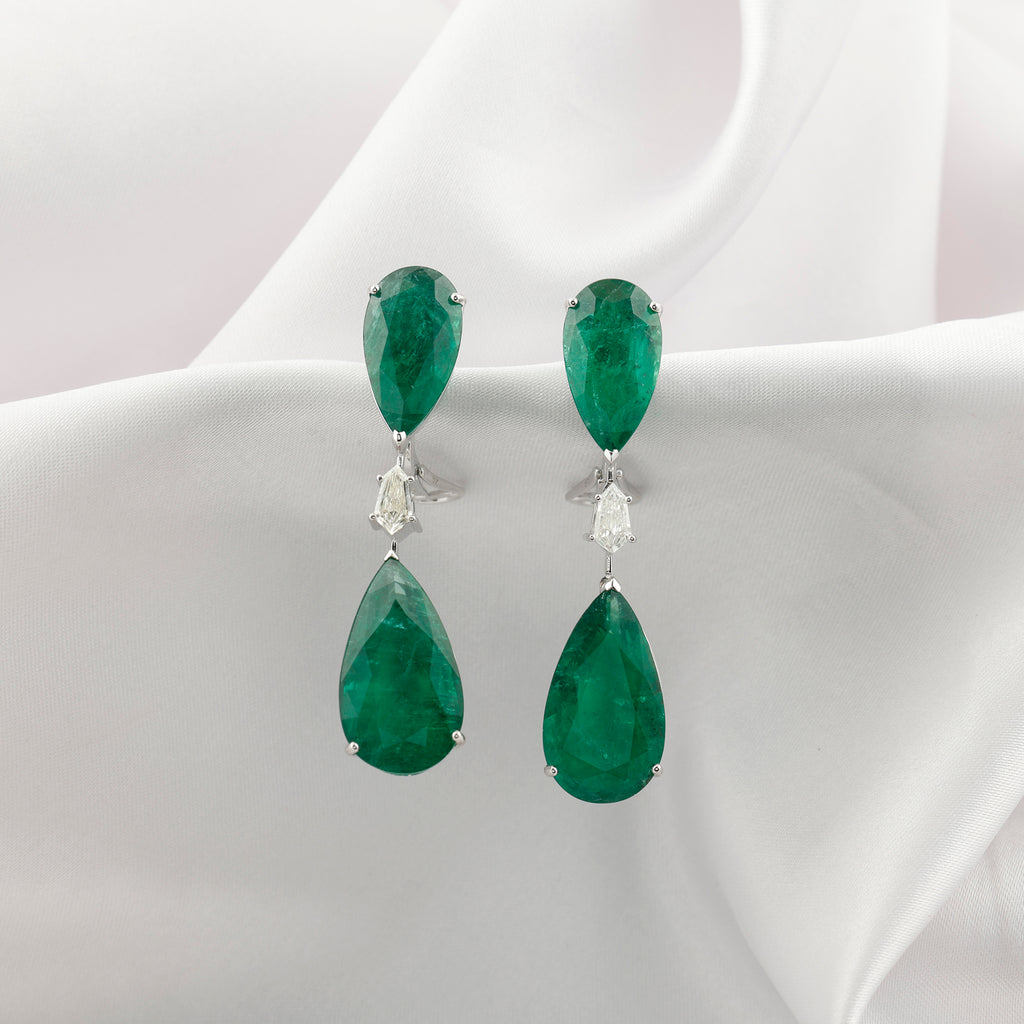 Exclusive Natural Zambian Emerald & Diamond Long Drop Earrings in Fine Gold