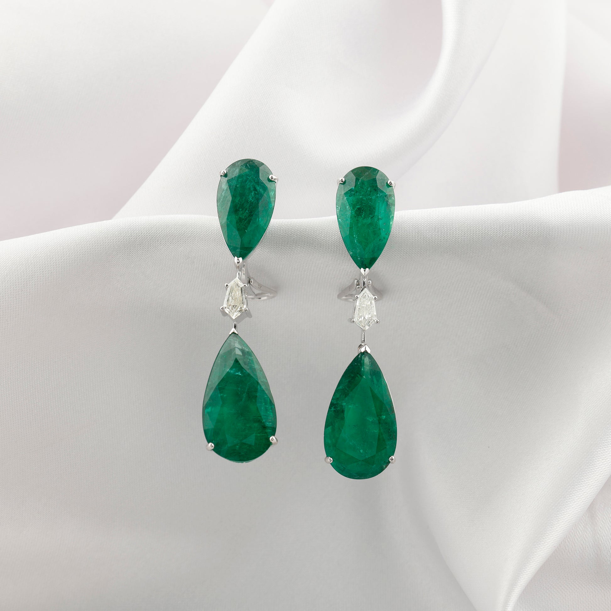 Exclusive Natural Zambian Emerald & Diamond Long Drop Earrings in Fine Gold