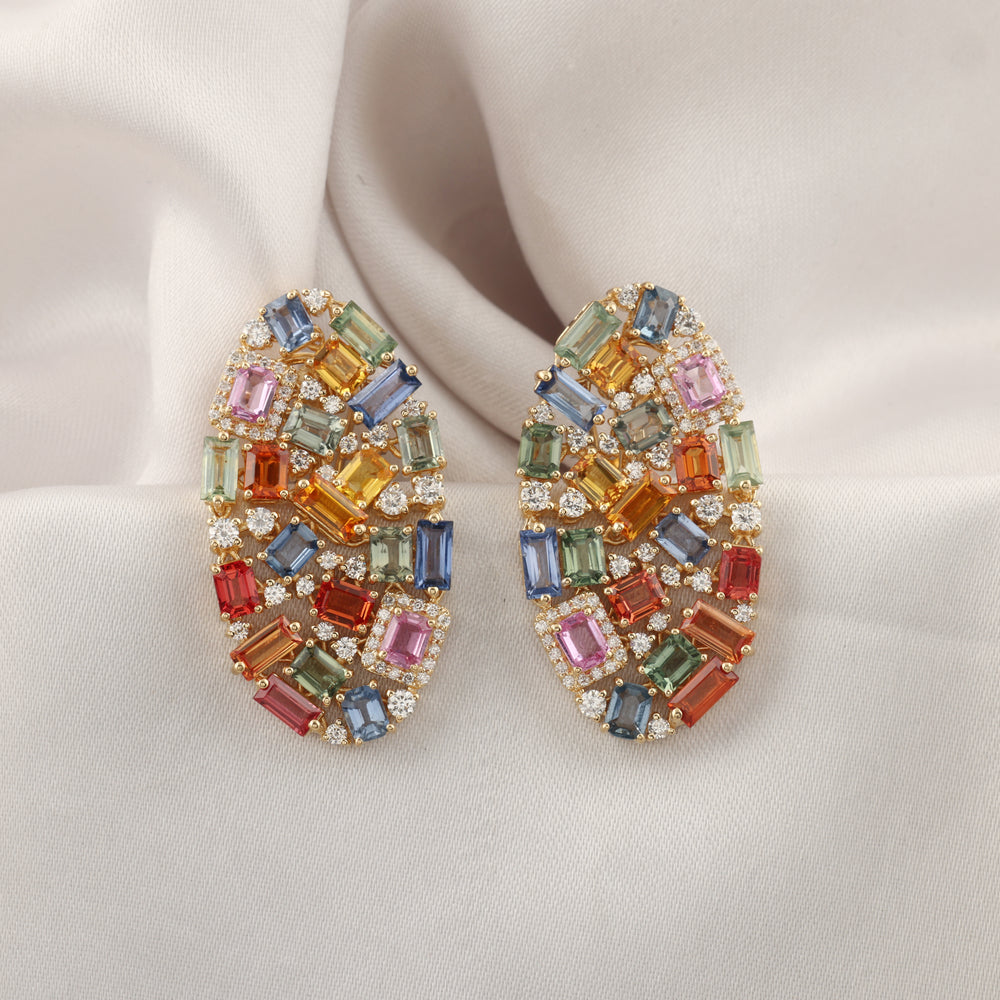 Unique Natural Multi Sapphire Diamond Statement Earrings with vibrant gemstone colors
