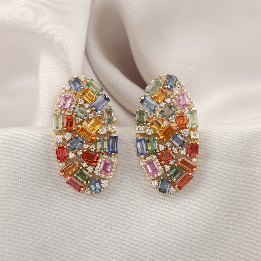 Unique Natural Multi Sapphire Diamond Statement Earrings