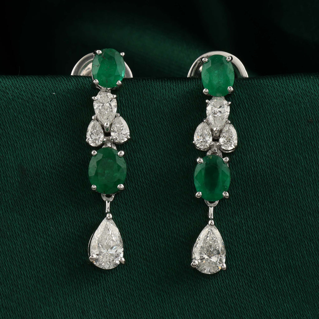 Oval Zambian Emerald & Natural Pear Diamond Drop Earrings