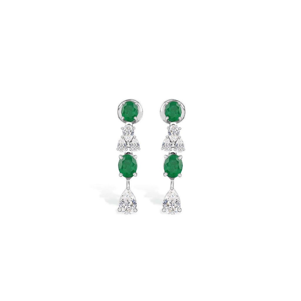Oval Zambian Emerald & Natural Pear Diamond Drop Earrings