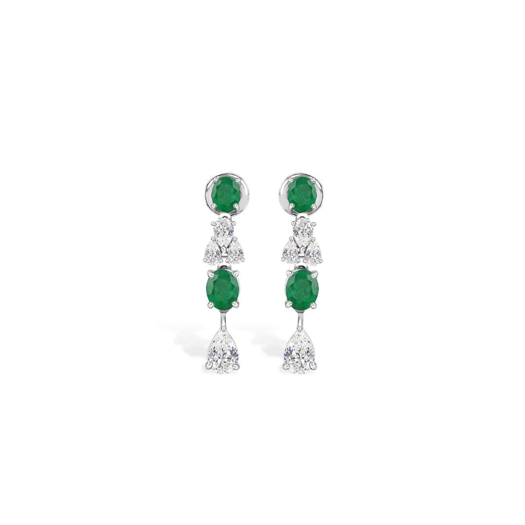 Oval Zambian Emerald & Natural Pear Diamond Drop Earrings