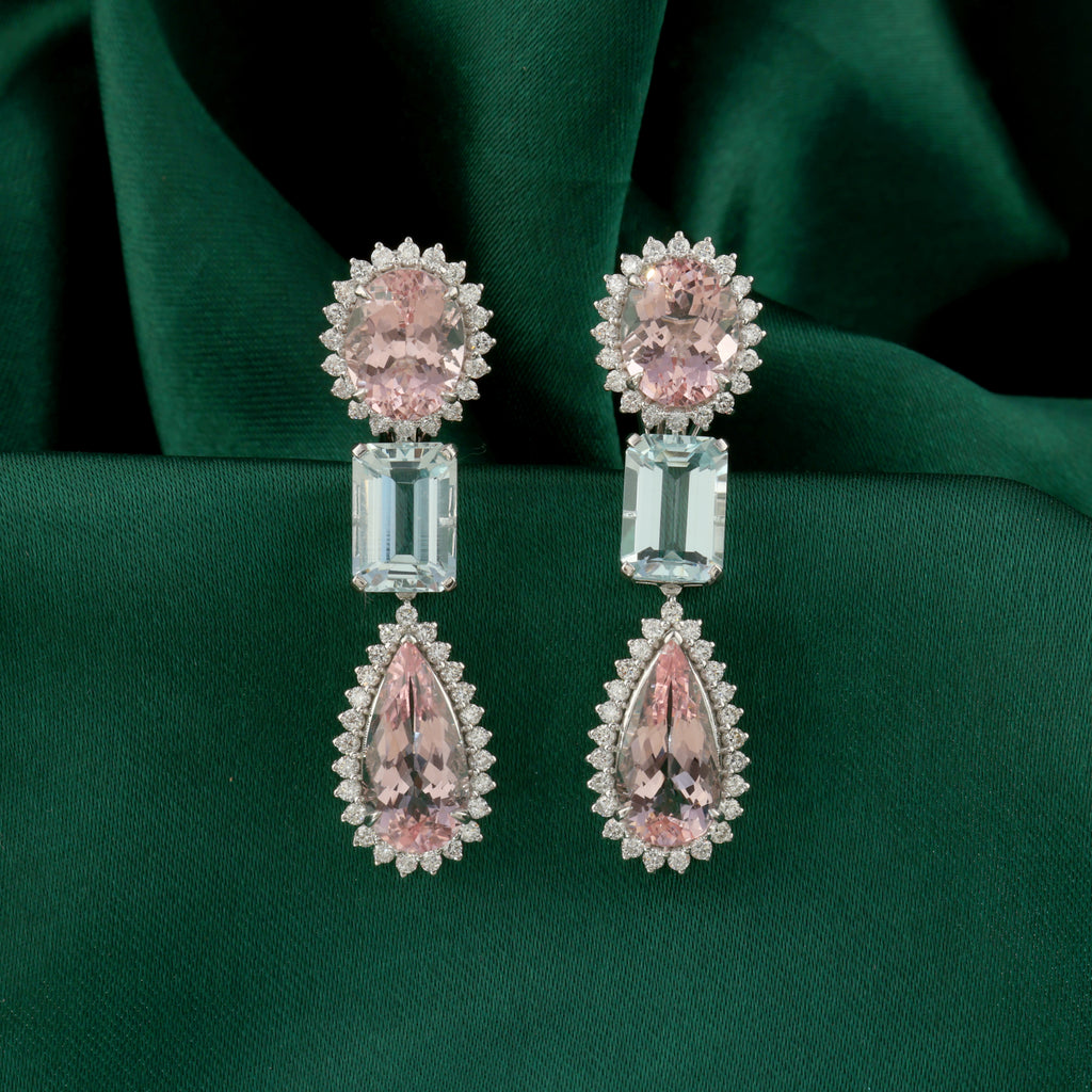 Handmade Natural Morganite Aquamarine Diamond Dangle Earrings in Fine Gold
