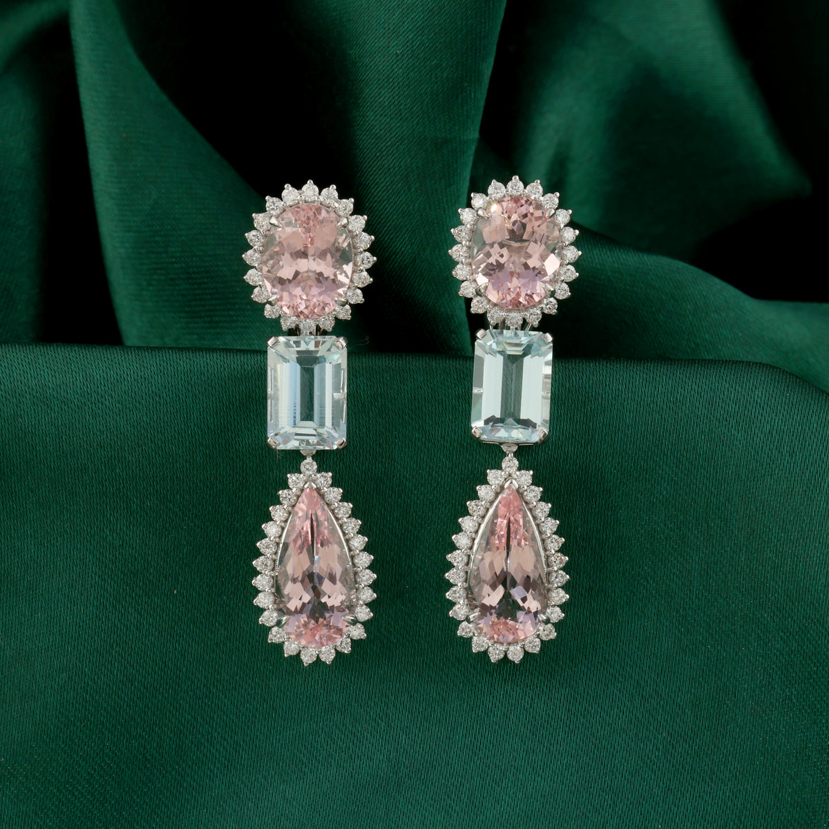Handmade Natural Morganite Aquamarine Diamond Dangle Earrings in Fine Gold