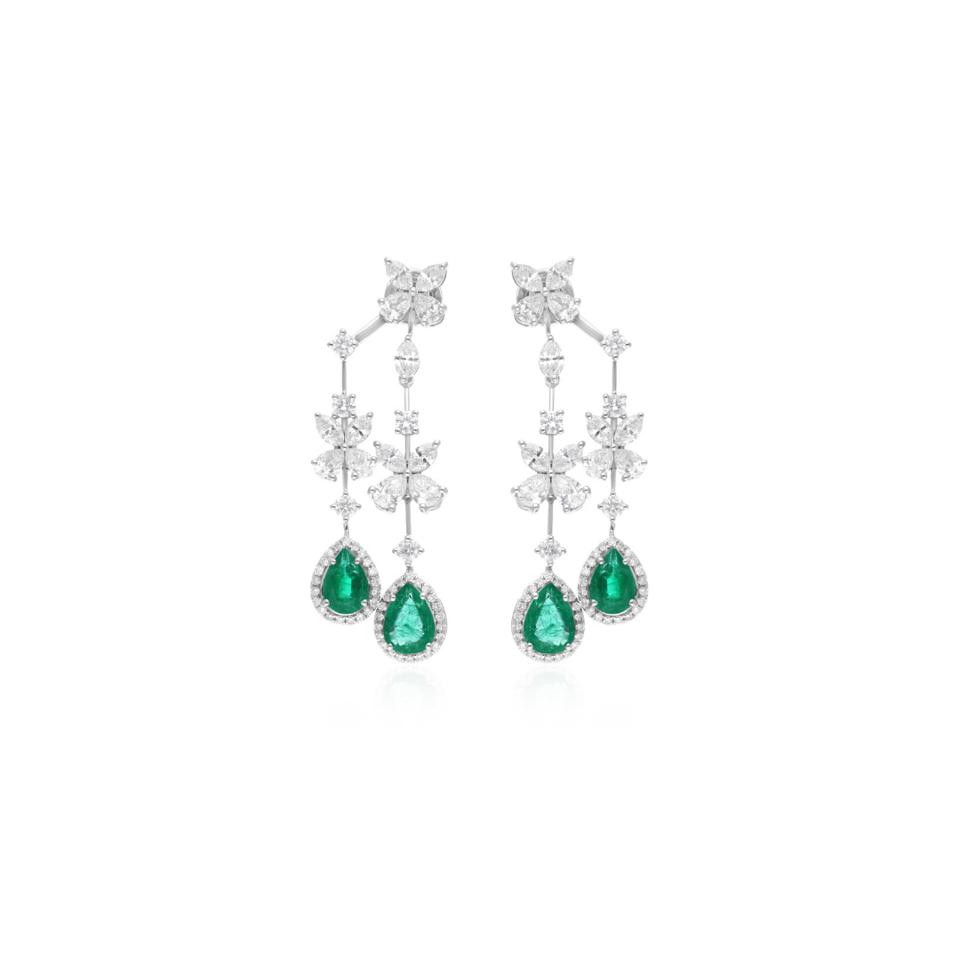 9.93 Tcw Teardrop Zambian Emerald Diamond Flower Dangle Earrings
