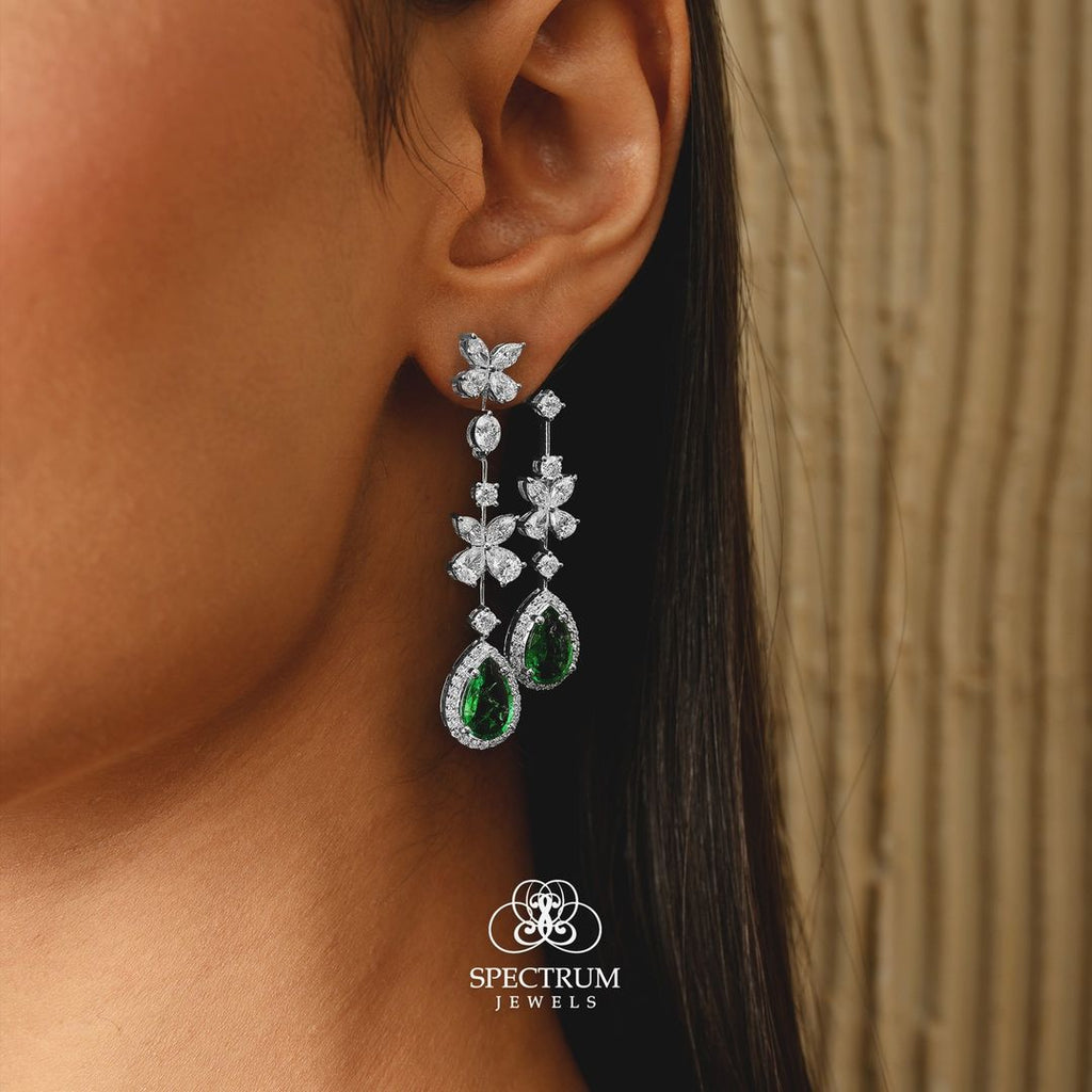 9.93 Tcw Teardrop Zambian Emerald Diamond Flower Dangle Earrings