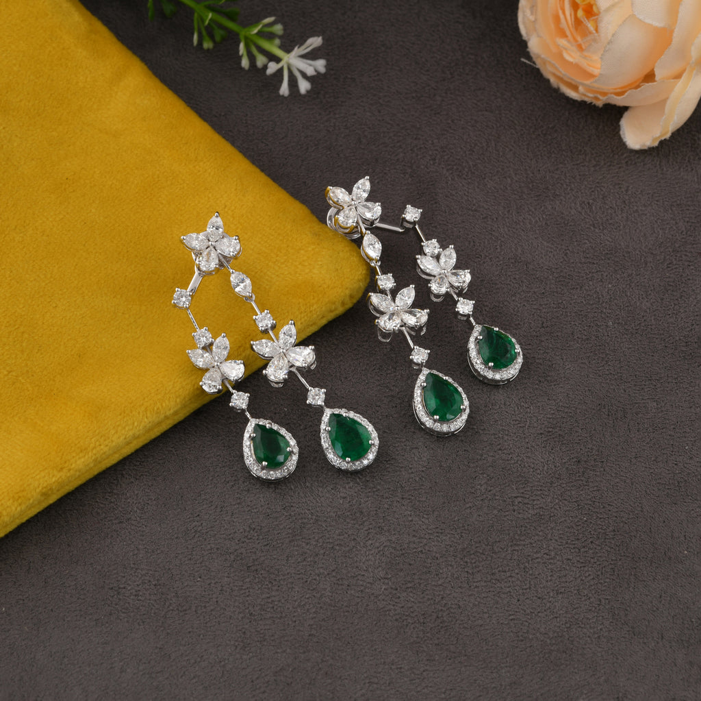 9.93 Tcw Teardrop Zambian Emerald Diamond Flower Dangle Earrings