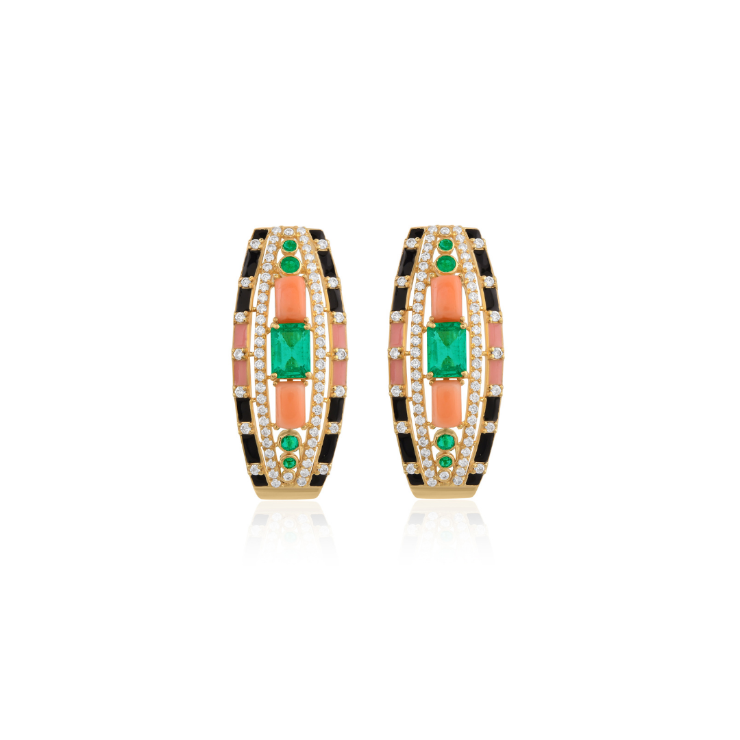 6.72 Tcw Zambian Emerald Coral H/SI Diamond Enamel Earrings