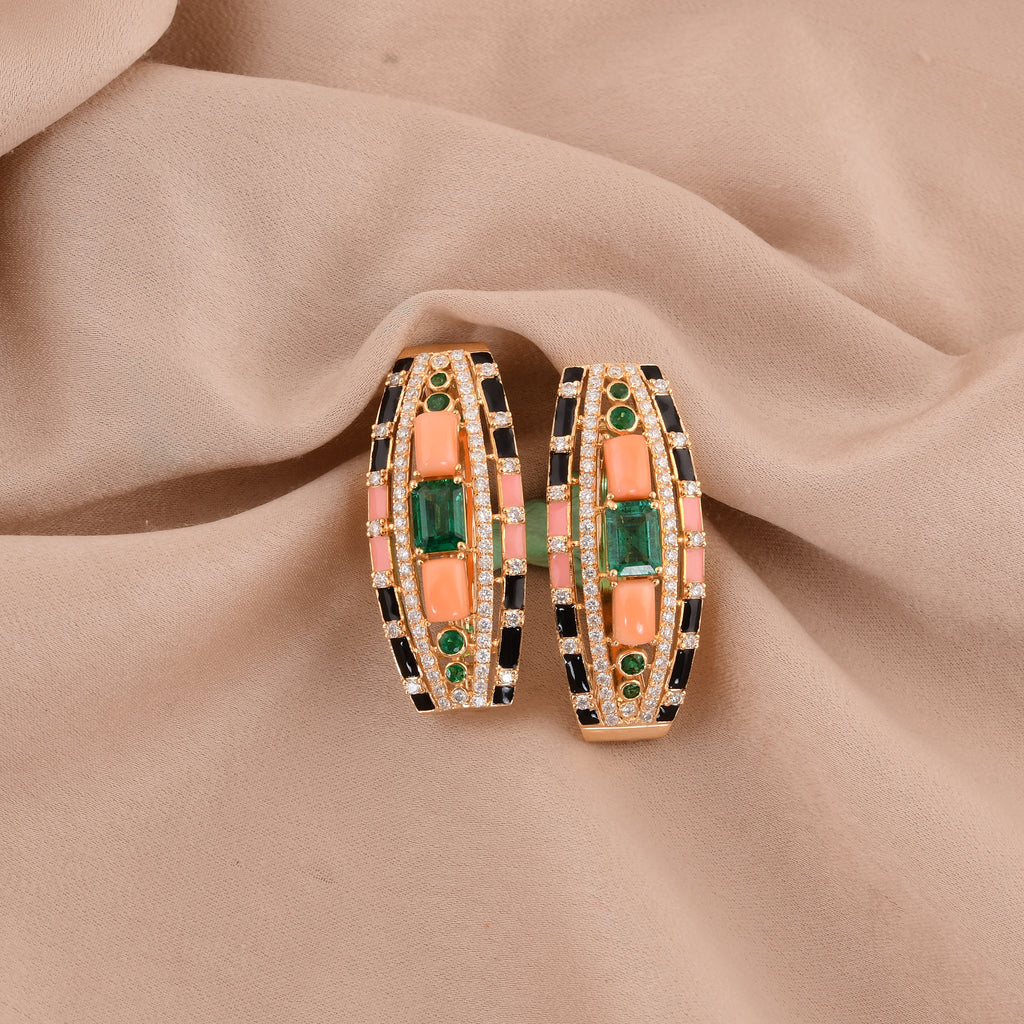 6.72 Tcw Zambian Emerald Coral H/SI Diamond Enamel Earrings