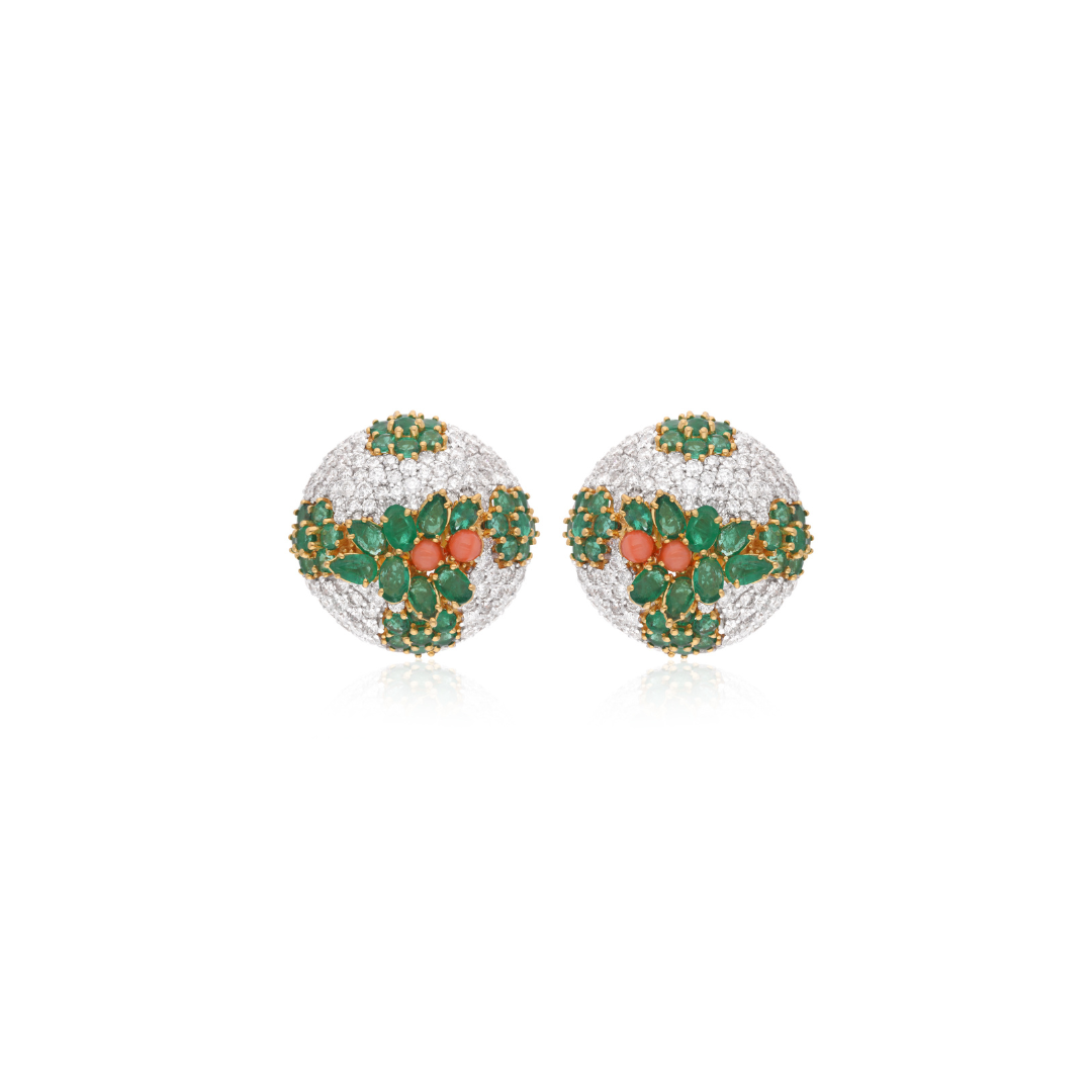 Zambian Emerald HI/SI Diamond Gold Coral Gemstone Stud Earrings 12.40 Tcw