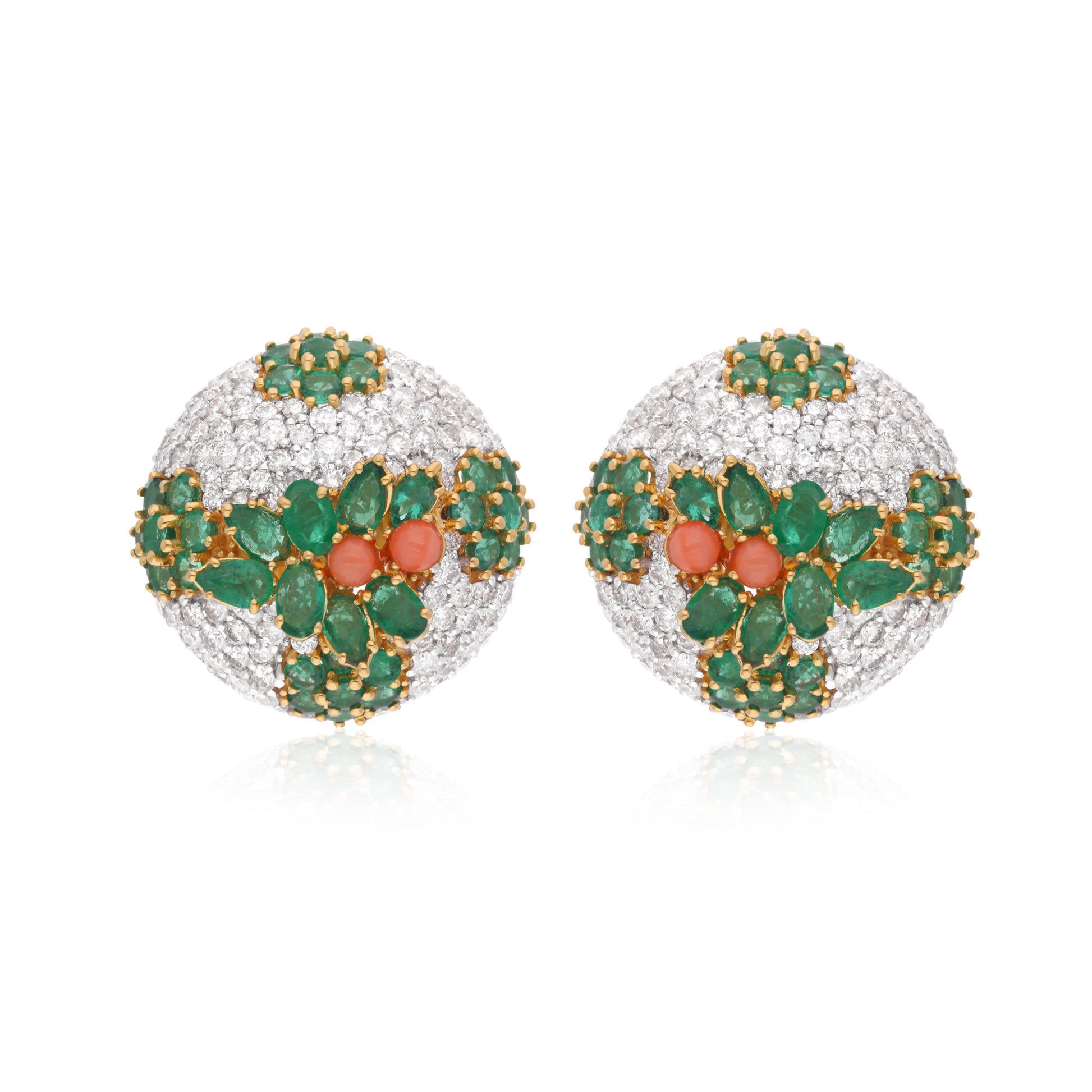 Zambian Emerald HI/SI Diamond Gold Coral Gemstone Stud Earrings 12.40 Tcw