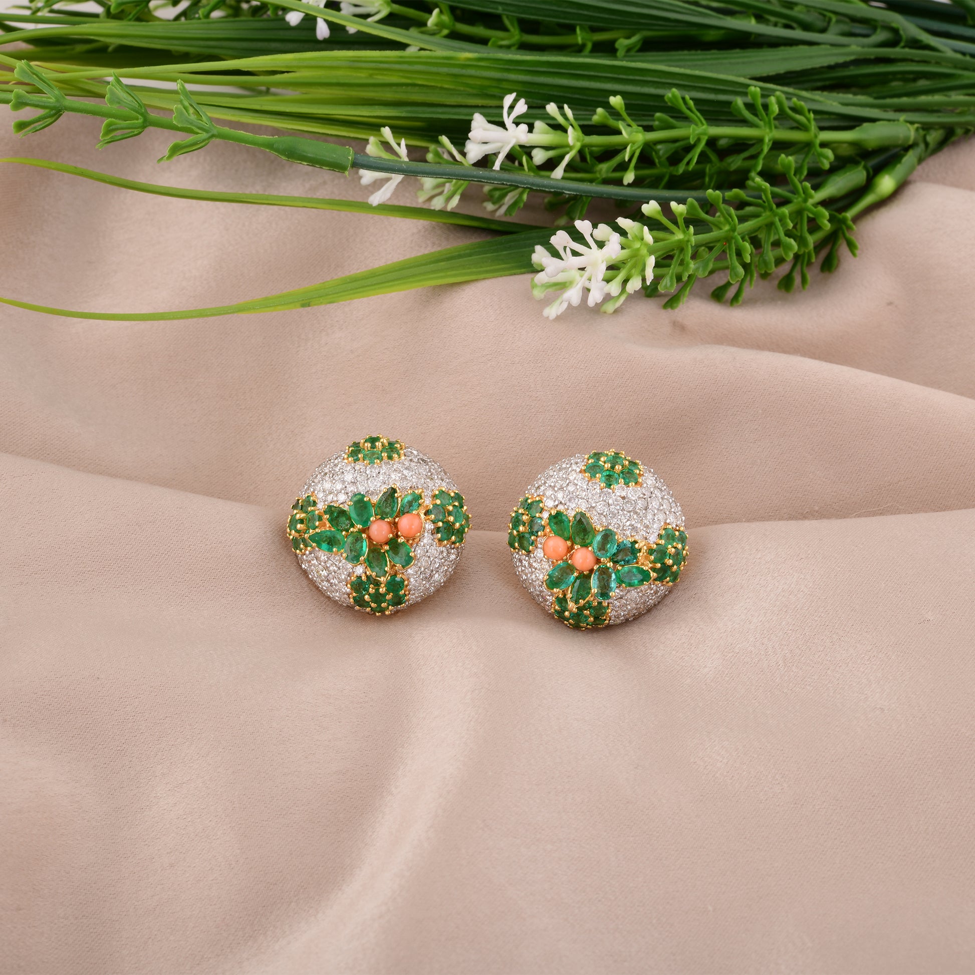 Zambian Emerald HI/SI Diamond Gold Coral Gemstone Stud Earrings 12.40 Tcw
