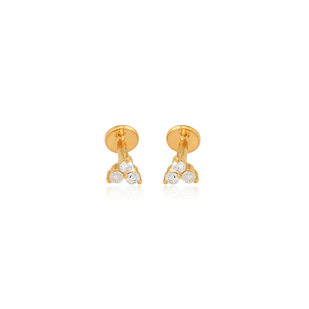 Dainty 0.18Ct.Trio Round Brilliant Cut Diamonds Tiny Gold Cartilage Stud Earrings