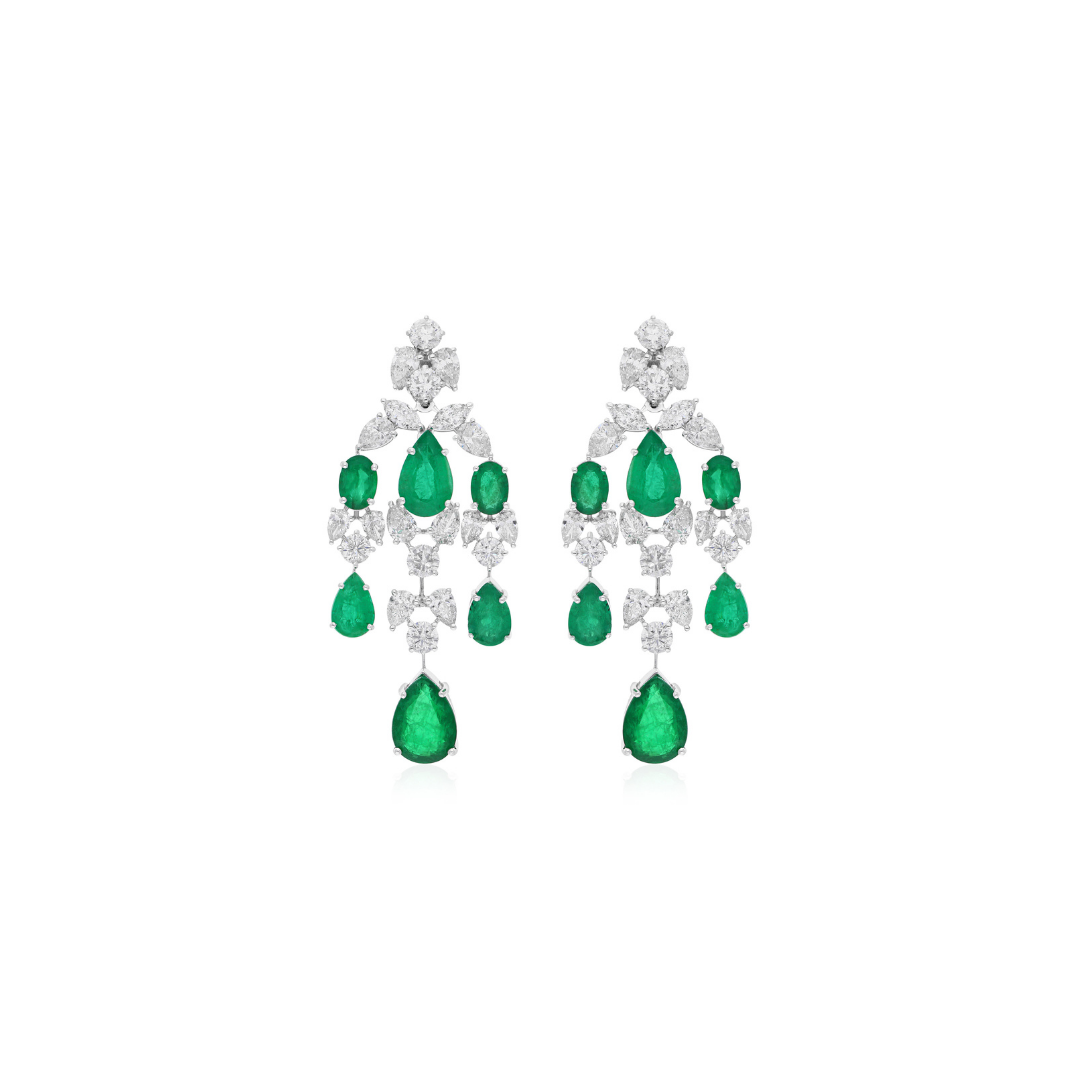 28.59 Tcw SI/HI Zambian Emerald Diamond Dangle Chandelier Earrings