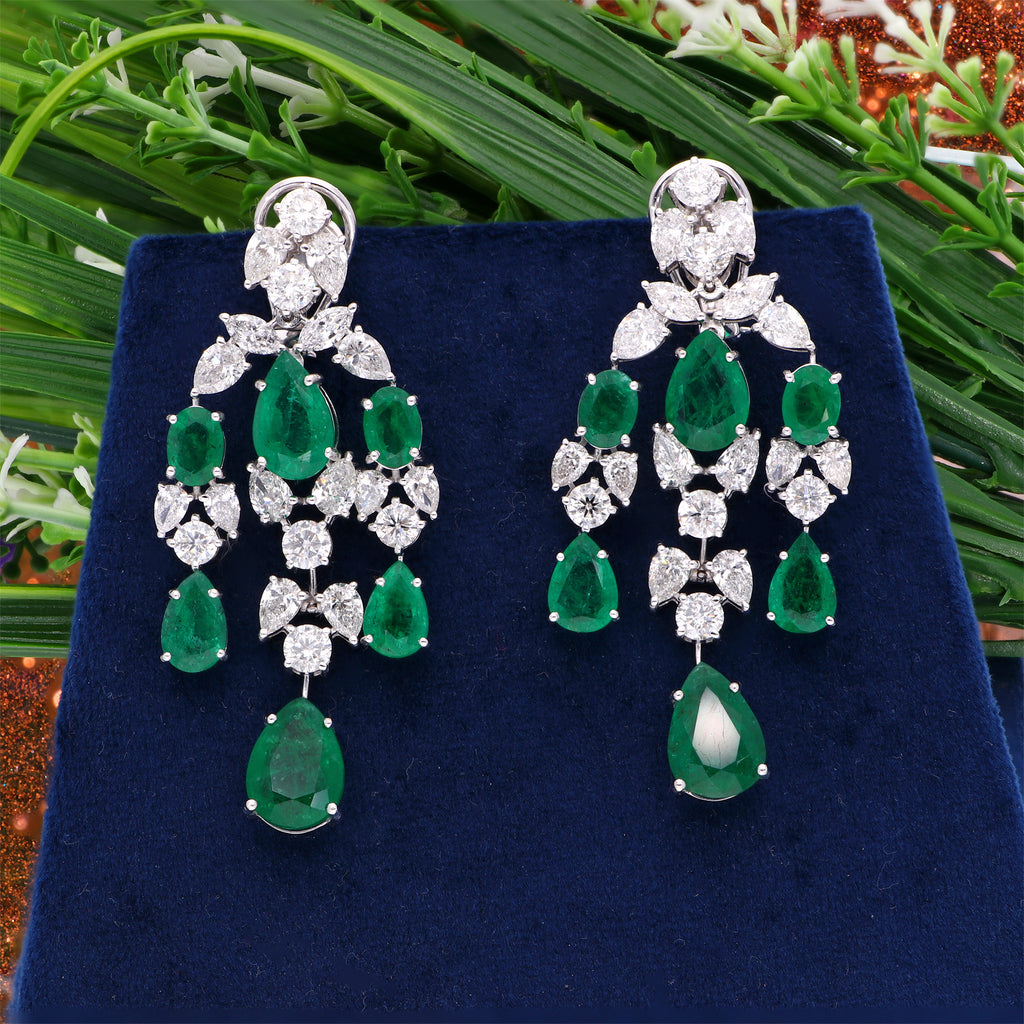 28.59 Tcw SI/HI Zambian Emerald Diamond Dangle Chandelier Earrings