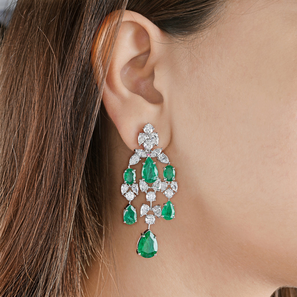 28.59 Tcw SI/HI Zambian Emerald Diamond Dangle Chandelier Earrings