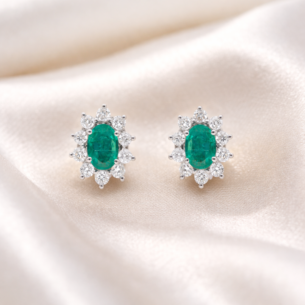 Certified Oval Cut Zambian Emerald Diamond Stud Earrings