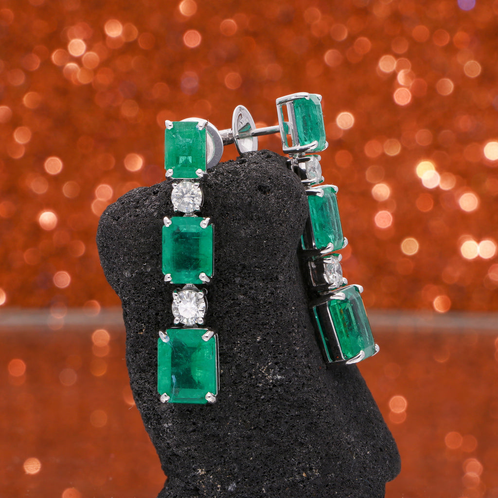 10.78 Tcw Step Cut Zambian Emerald & Round Diamond Dangle Earrings