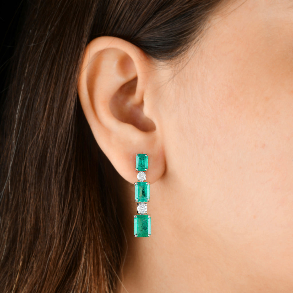 10.78 Tcw Step Cut Zambian Emerald & Round Diamond Dangle Earrings