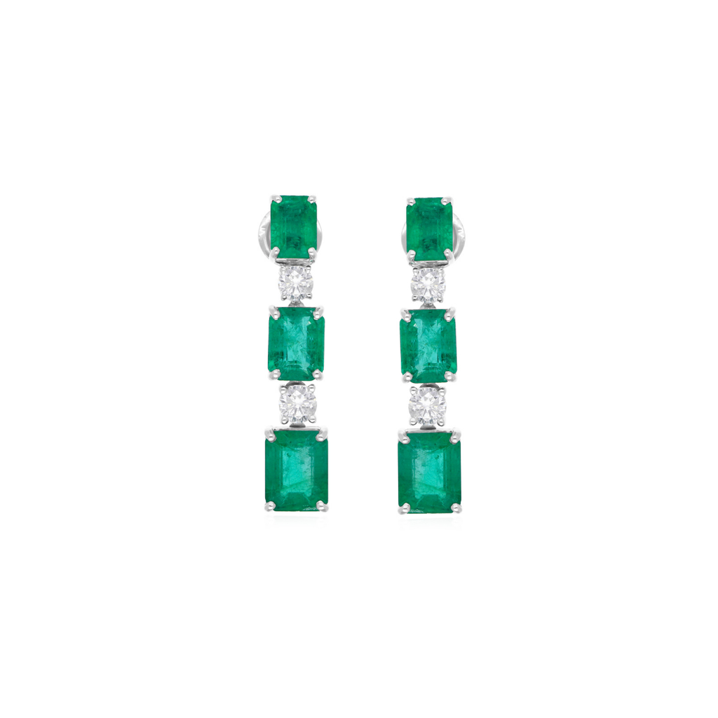 10.78 Tcw Step Cut Zambian Emerald & Round Diamond Dangle Earrings