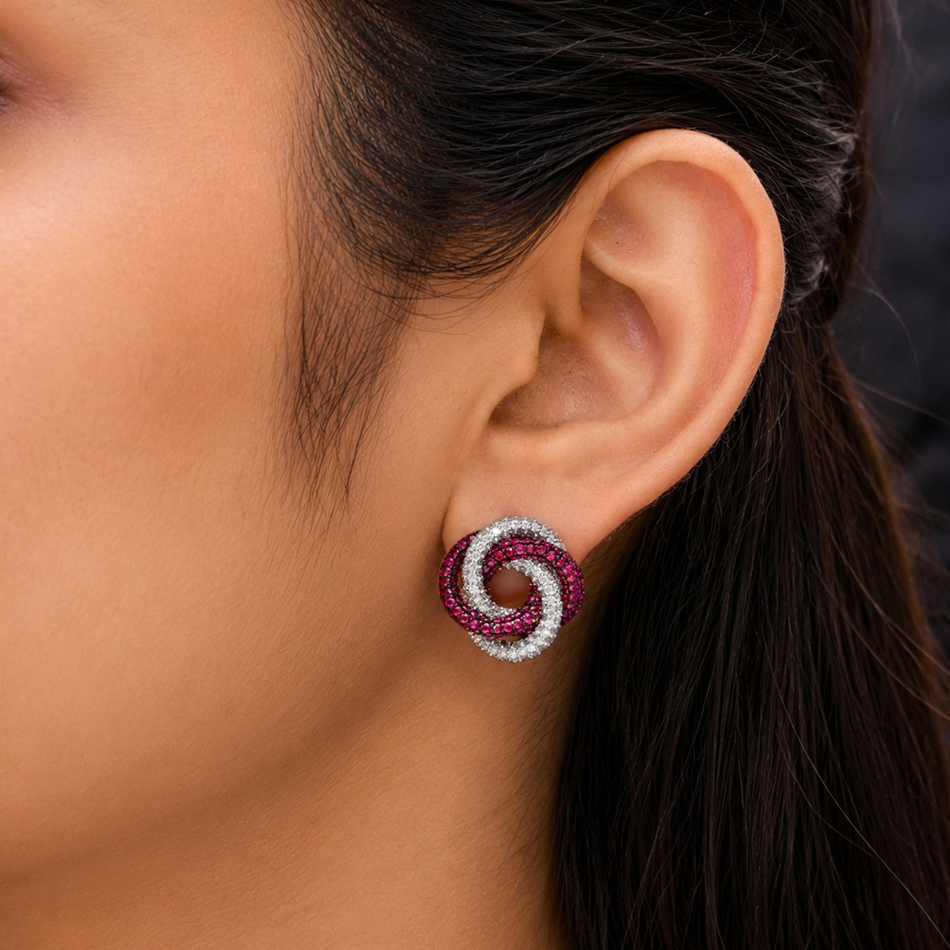 Ruby Gemstone Diamond Solid Gold Stud Earrings