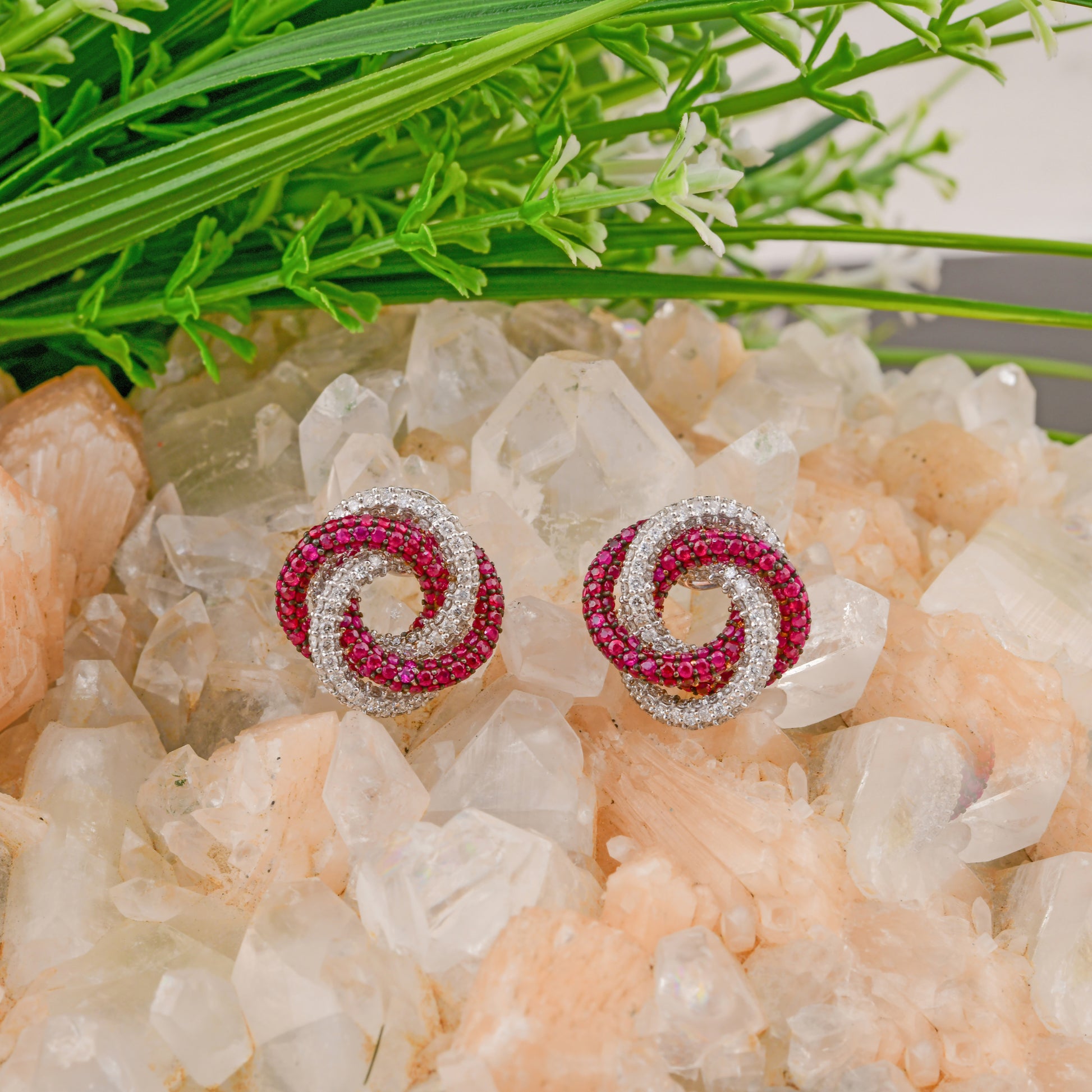 Ruby Gemstone Diamond Solid Gold Stud Earrings